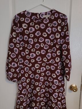 LOFT Floral Long Sleeve A-Line Dress - Plum with Lilac & White Floral Print